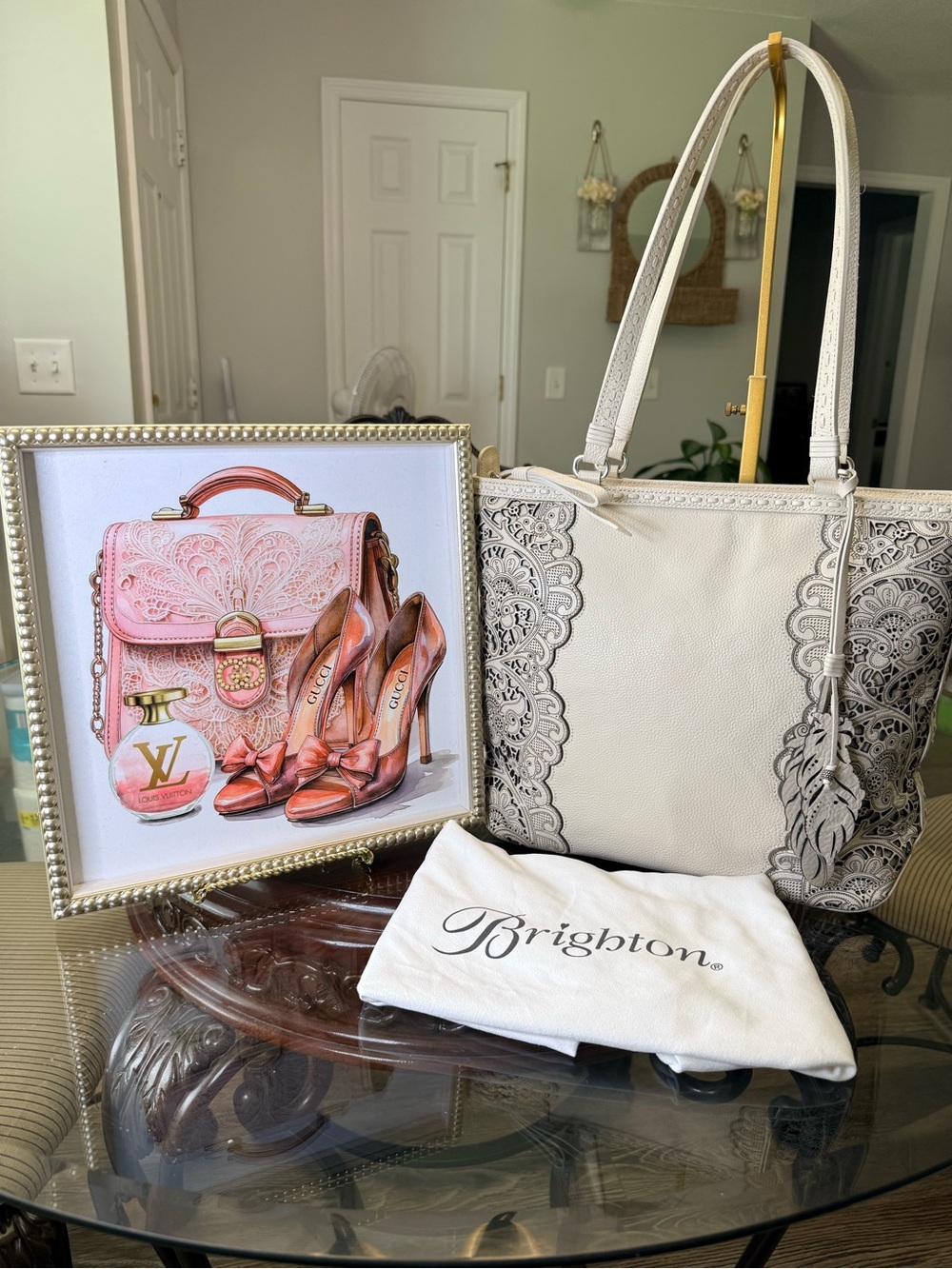 Brighton Cream Laser-Cut Tote with Scroll Accents